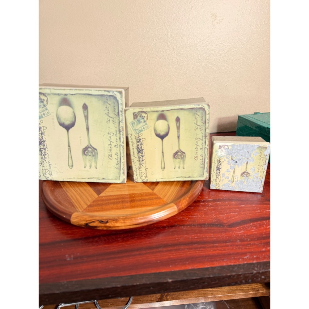 Vintage French Country Nesting Tins Set of 3 Galvanized Metal Silverware Design